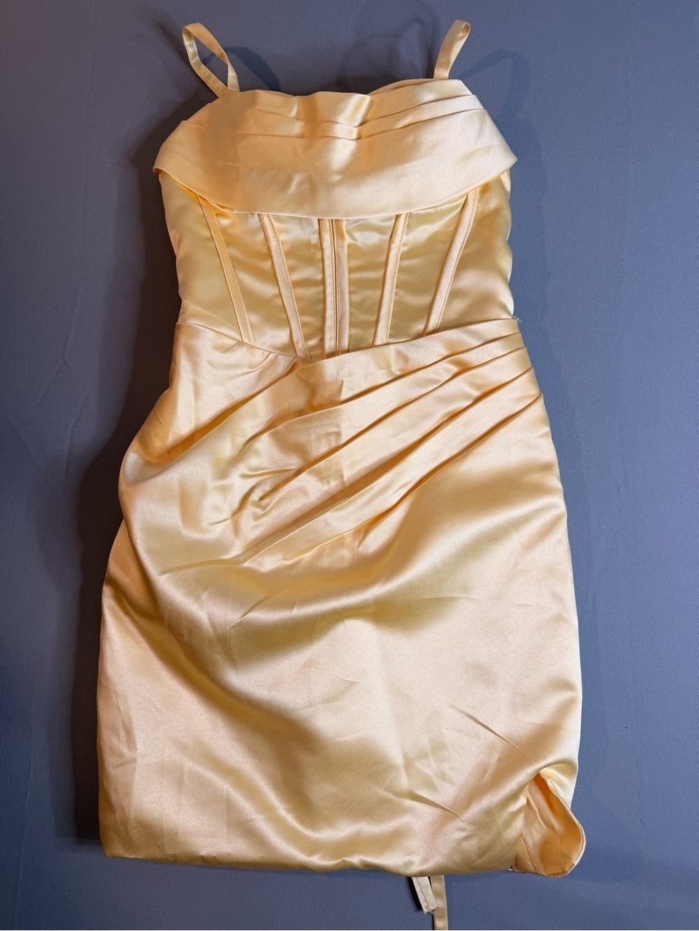 Satin Mini Dress in Pale Yellow with Pleated Waist Lace Up Back Size 2
